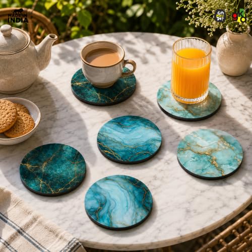 Image of GKD Wooden Marble Coasters Set of 6 | Glossy MDF Drink Coasters for Tea, Coffee, Wine Glass | Heat Resistant Table Coaster Set | Home, Dining, Office Use | Made in India