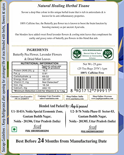 Image of Sancha Tea Boutique Butterfly Pea Flower Tea | 25 Biodegradable Pyramid Tea Bags | Blue Tea | Caffeine-Free Herbal Tisane | Naturally Color-Changing Blue to Purple Brew | Since 1981