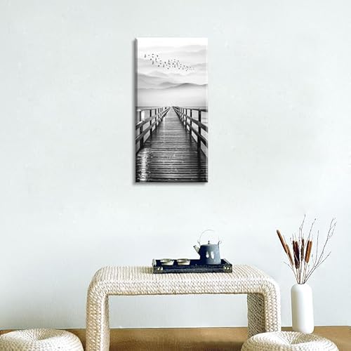 Lake Wall Art For Aisle Corridor, Piy Black And White Pier With Birds Flying Canvas Prints Decor, Vertical Calm Wharf Mountain Landscape (1" Thick Artwork, Waterproof, Bracket Mounted Ready To Hang) #TOP4