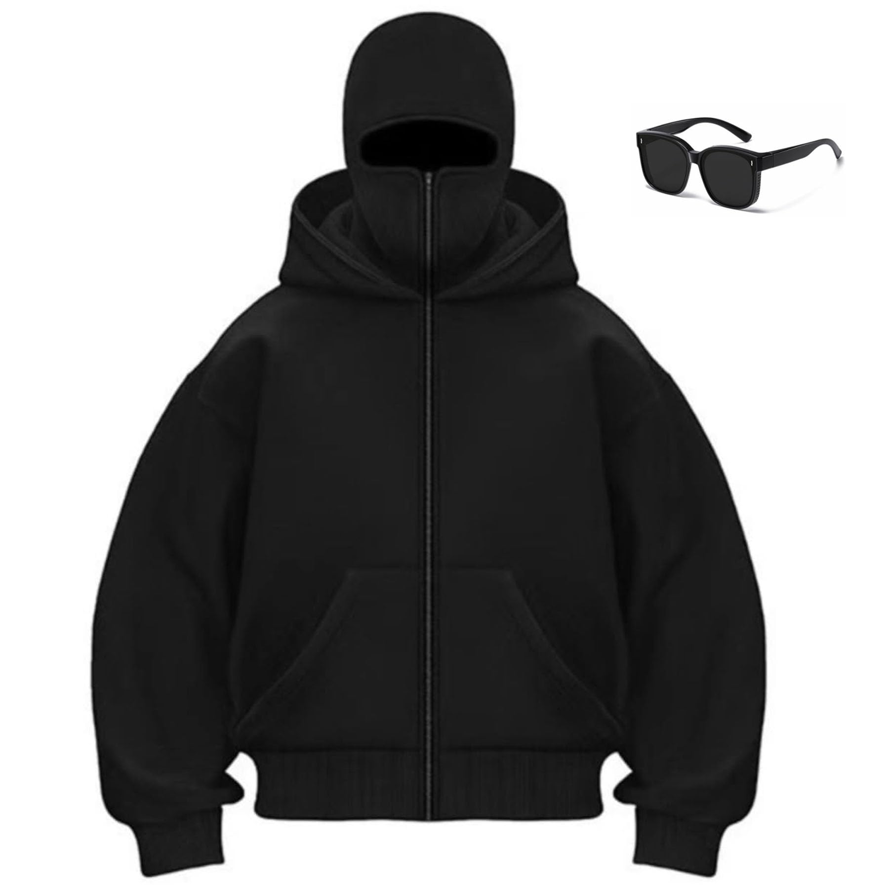 moytarcp Balaclava Hoodie with Built in Balaclavaand Mask - Cool Men Double Hooded Jacket Wind-Resistant Hoodies (Black-zipper,S)