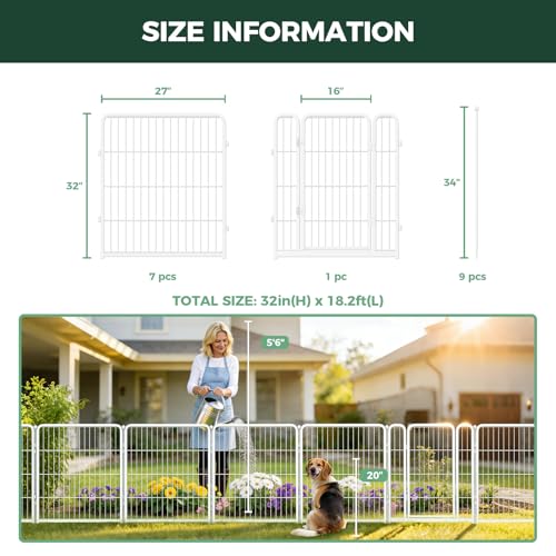 Image of FXW Garden Fence Outdoor for the Yard - 32in(H) x 18.2ft(L) Heavy Duty Metal Animal Barrier for Dog, No Dig Decorative Dog Fence, 8 Panels, White