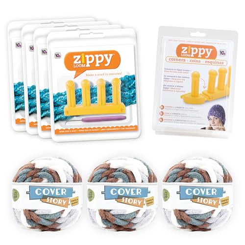 Authentic Knitting Board Zippy Loom Kit - 4 Zippy Looms, 1 Zippy Corners, 3 Balls, Lion Brand Cover Story, Thick & Quick, 117 Total yds. Color Snow Peak