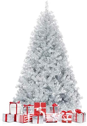 Happygrill 6FT Silver Christmas Tree Artificial Hinged Tinsel Xmas Tree with Metal Stand, 1036 Branch Tips, Holiday Decoration Tree for Indoor and Outdoor