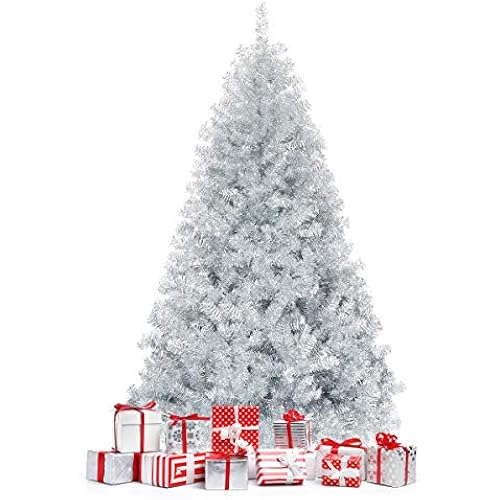 Happygrill 6FT Silver Christmas Tree Artificial Hinged Tinsel Xmas Tree with Metal Stand, 1036 Branch Tips, Holiday Decoration Tree for Indoor and Outdoor