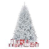 Happygrill 6FT Silver Christmas Tree Artificial Hinged Tinsel Xmas Tree with Metal Stand, 1036 Branc