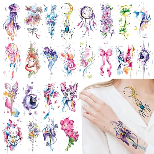 Qpout 24pcs Tatuaggi Temporanei Ad Acquerello, Adesivo Per Tatuaggio A Mezzo Braccio Estetico 3d, Bellissimi Tatuaggi Temp Floreali Floreali Colorati Belli Realistici Per Le Donne Ragazze