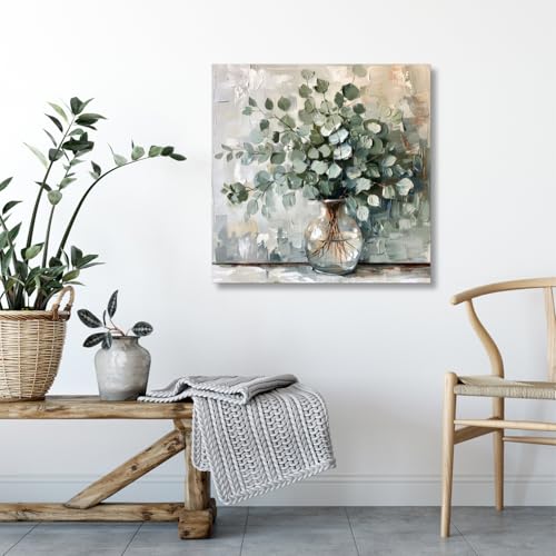 Hianan Framed Eucalyptus Leaf Wall Art, Green Botanical Wall Decor, Vintage Floral Canvas Painting, Soft Neutral Rustic Farmhouse Bathroom Art Print for Bedroom Living Room 12"x12" - image 2