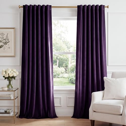 Image of Purple Orchid Velvet Curtains Back Tab, W52 x L84 inches, 2 Panels | Room Darkening, Back Tab Decoration, Thermal Window Drapes, Privacy & UV Protection for Bedroom, Nursery, Daughter' Room