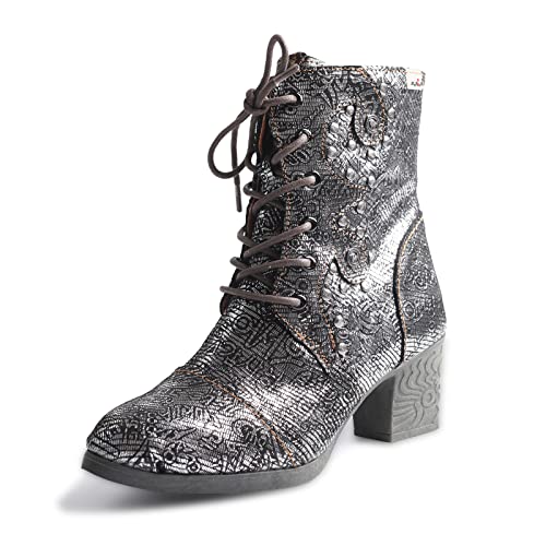 TMA EYES Abstract Studded Lace-up and Zipper Women's Leather Boots