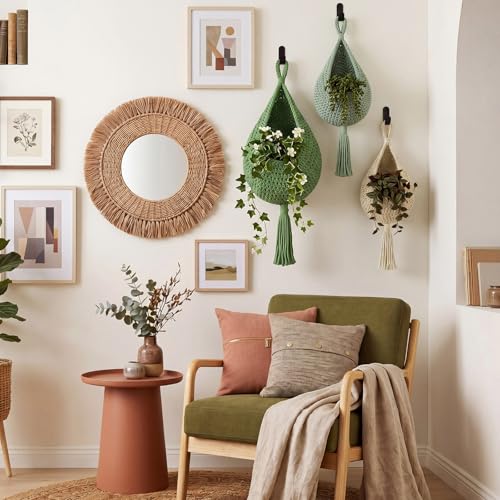 Image of Honeydak 3 Hanging Baskets, Sage Color Palette, Tassel, Cotton Rope