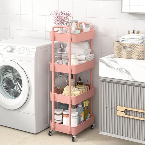 Image of Sywhitta 4-Tier Plastic Rolling Utility Cart with Wheels for Storage, Pink | Multi-Functional Storage Trolley, for Office, Living Room, Kitchen, Bathroom,Movable Organizer,Space-Saving,Easy to assemble