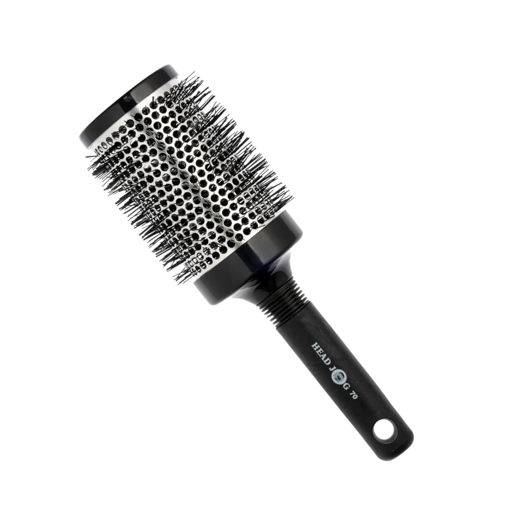 Head Jog Heat Retainer Hair Brush. Black & Silver Styling Round Hairbrush.