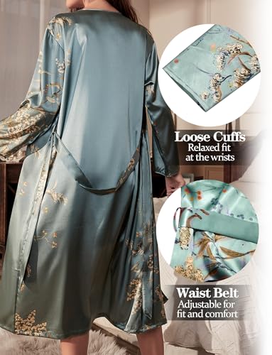 FEOYA Damen Satin Bademantel Morgenmantel Lang Seide Kleid V Ausschnitt Lange Robe Hausmantel Nachtwäsche für Spa Haus und Hotel Grün L