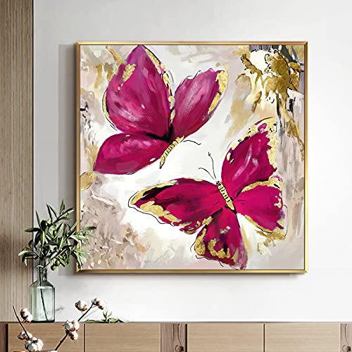 Peinture sur toile décoration salon affiche rose rouge et papillons - 2