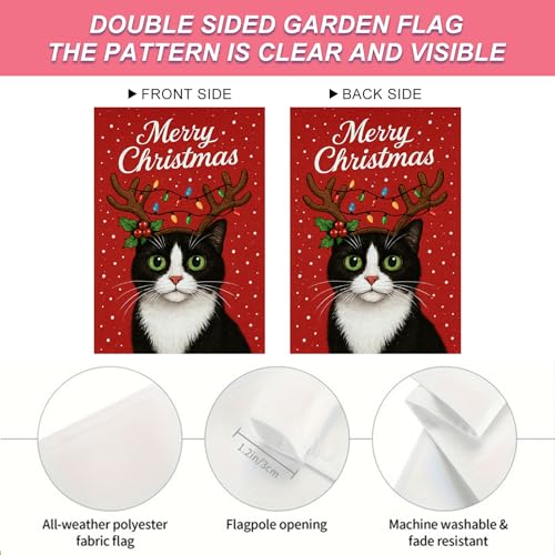 Image of BlissYard Christmas Garden Flag 12x18 Inch Tuxedo Cat Holiday Yard Flag with Reindeer Antlers Double Sided Winter Cat Banner for Outdoor Lawn Patio Decor