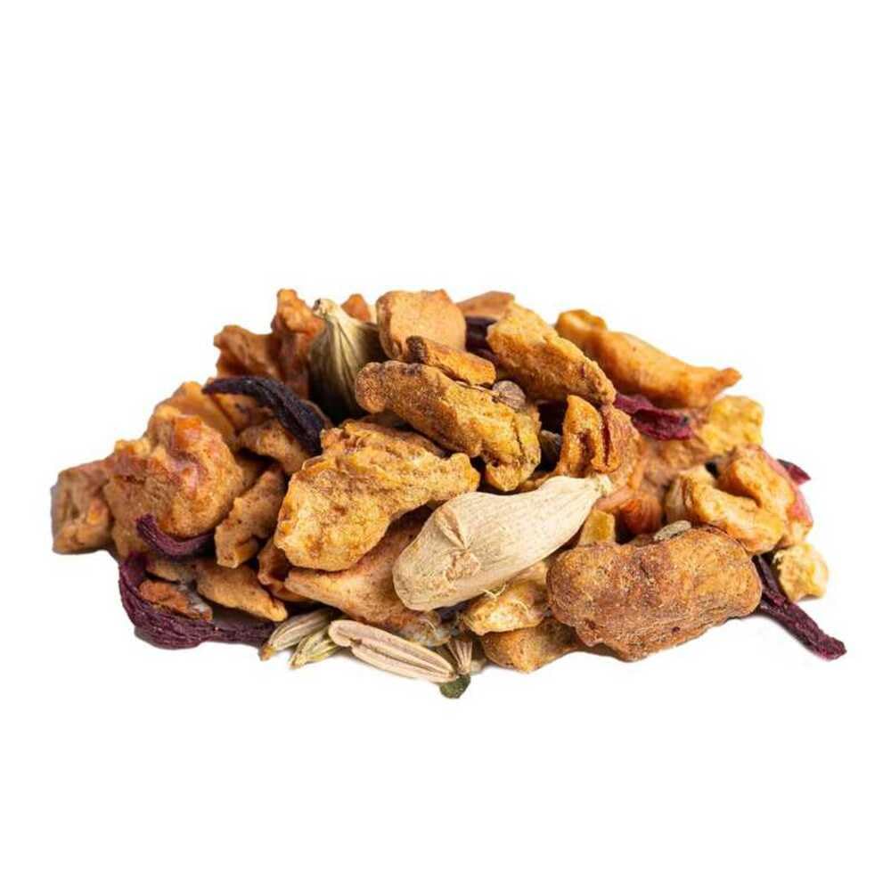Chai Frutal Cultivo Sostenible a Granel 100 Gramos - Cultivo Sostenible - Ingredientes Naturales: Anís, Baya de Saúco, Canela, Cardamomo, Clavo, Cúrcuma, Hibisco, Hinojo, Jengibre, Manzana, Regaliz.