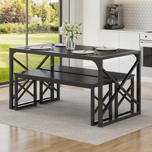 Image of VECELO 55 inch Kitchen Dining Table Set for 4, Heavy-Duty Steel Frame & Wood-Grain Tabletop, Space-Saving Dinette Sets with 2 Benches for Breakfast Nook and Small Space, Black