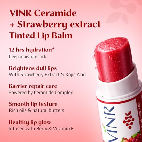Image of VINR Tinted Lip Balm for Pigmented Lips SPF 50 PA+++ | Kojic Acid, Niacinamide & Ceramide Lip Care | Strawberry Lip Balm for Dry & Damaged Lips (5g Pack of 1)