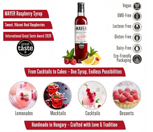 Image of Mayer Raspberry Syrup for Drinks, Coffee, Cocktail & lemonade, 16.9 Fl Oz | Award-winning. Nothing artificial. For cocktails, mocktails, lemonade, snow cone & desserts. Vegan, gluten-free.