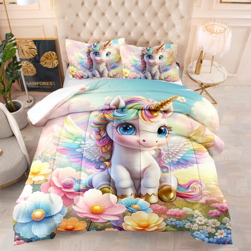 Edredon Cama 135 Unicornio De Flores Estampado Bedding Edredón Nórdico 228X228 Cm, Edredón De Fibra 200Gr/M²,Transpirable Colcha De Microfibra para Todas Las Estaciones