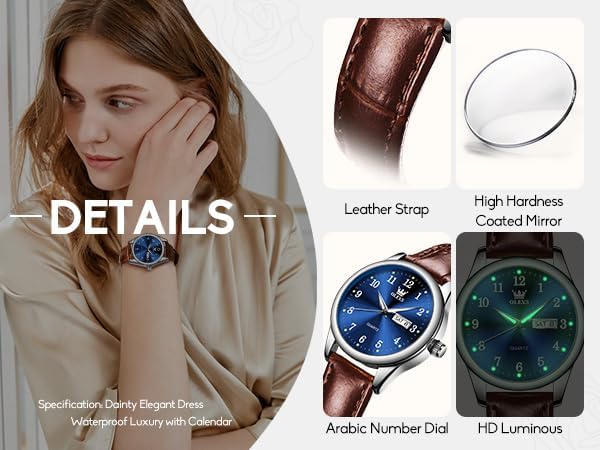 OLEVS Womens Leather Watch, Brown Womens Watches Leather Band Waterproof Analog Dainty Womens Ladies Watch for Small Wrists, Easy Read Luxury Dress Watches for Women Arabic Numbers White/Blue/Black - Image 4