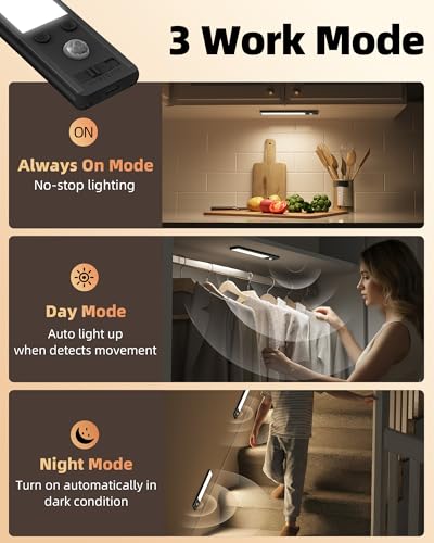 Image of EZVALO 8 inch Under Cabinet Lighting, 2400mAh USB-C Rechargeable Motion Sensor Light, 3 Color Temps, 5-Level Dimmable Magnetic Wireless Closet Lights for Kitchen, Pantry, Stairs (2 Pack)