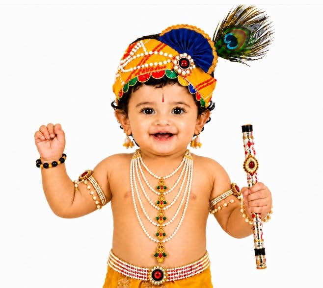 Image of Raj Fancy Dresses Luxury Krishna Pagri for Kids Boys & Girls | Bal Gopal Kanha Janmashtami Turban with 3 Mor Pankh & Pearl Work | Fancy Dress, School Function & Photoshoot Headgear | Only Pagri