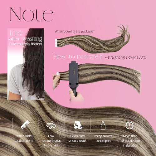 Image of Moresoo Tape in Hair Extensions Brown Highlighted with Blonde Real Hair Tape in Human Hair Extensions 18 Inch Glue in Extensions Real Human Hair Remy Straight #P4 /27 20pcs 50g