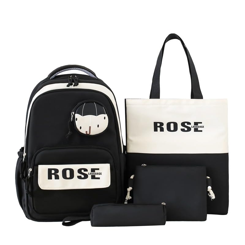 4Pcs Simple Style Backpack for Women, Book Bag with Shoulder Bag, Tote Bag and Stationery Box, Large Capacity Rucksack with Small Wallet, Personalized Stylish Daypack Bag for Travel, Commuting