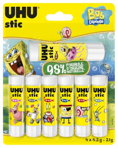 UHU Stic - Bastone di colla senza solventi, edizione Bob La spugna, colla per bambini, hobby creativi, ufficio, casa, scuola, bianco, forniture per ufficio, confezione da 10 stick da 8,2 g + 1