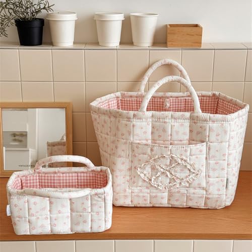 Image of Quilted Fabric Basket Foldable Car Storage Boho Floral Laundry Basket Hamper for Nursery Bedroom & Living Room | Organize Clothes Toys (Beige Floral)