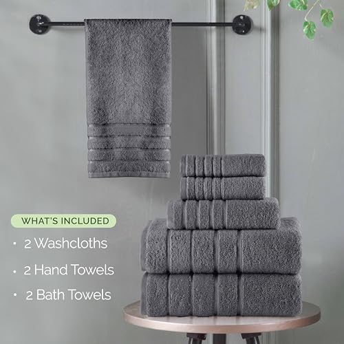 Image of Elegant Comfort 4 Lines Viscose Stripe 6-Piece Premium Towel Set - 100% Turkish Cotton High Absorbent Luxury Bathroom Towels - Includes 2 Washcloths, 2 Hand Towels and 2 Bath Towels Set, Gray