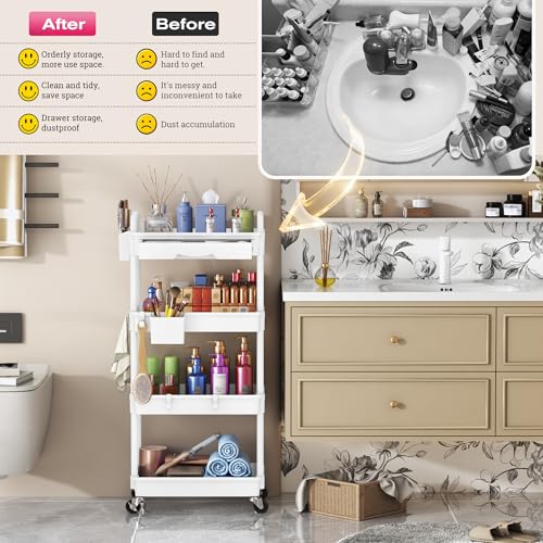 Image of Goovilla Rolling Makeup Organizer Cart with Removable Drawer, 4 Tier Stable White Floor Skincare Storage Cart for Vanity, Cosmetic Display, Nail Polish, Perfume, Hair Stuff, Beauty, Bathroom(Plastic)