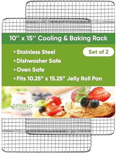 Image of Spring Chef 10 inch x 15 inch Stainless Steel Cooling Racks for Baking - Oven Safe - Cookie Racks for Cooling Cookies - Fits Jelly Roll Pan - Perfect for Grilling, Roasting, Cooking, Drying - Set of 2