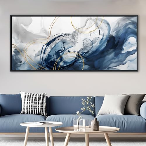 Image of Mofutinpo Blue Abstract Wall Art Large Canvas Wall Decor Modern Home Decor Office Wall Decor Home Decorations for Living Room Navy Blue Minimalist Bedroom Artwork 40x87IN