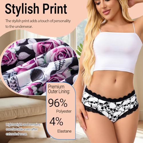 Women Underwear 6pcs Gothic Sexy Lingerie Lace Low Rise Bikini Hipster Pantie Comfortable Undie Skull Print Underpant4