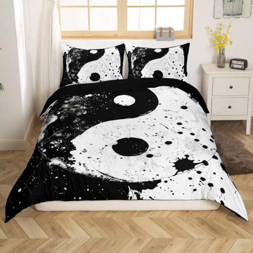 Black White Yin Yang Bedding Set Trippy Psychedelic Art Boho Duvet Cover for Kids Adults Tie Dye Splash Comforter Cover Traditional Ying Yang Theme Bed Set Bedroom Decor Full Size (No Comforter)