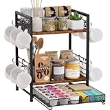 Plaviya 2-in-1 Kaffeeständer für Tassen und Kapseln, Kaffee Organizer Ständer mit 12 Haken, Tassenhalter mit Schublade für Kaffeekapsel, Kapselmaschine Regal für Zubehör Küche