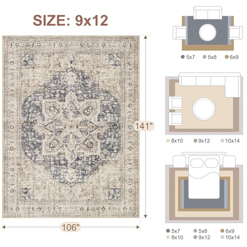Tortania Area Rug Living Room Rugs - 9x12 Washable Boho Rug Vintage Oriental Distressed Farmhouse Large Thin Indoor Carpet for Living Room Bedroom Under Dining Table Home Office - Cream Blue
