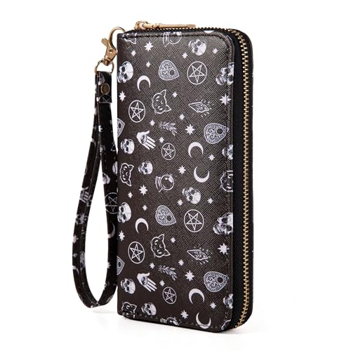 Image of Checkered Cow Print Wallet For Women Skull Goth Frog Butterfly Turtle Ladies Cluth Wristlet Wrist Strap Long Purse Zip Around Card Holder