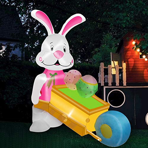 SEASONBLOW 6 FT LED Light Easter Inflatable Rabbit Pushing Wheelbarrow with Eggs Decorations for Yard Lawn Garden Home Outdoor Indoor Holiday Decor