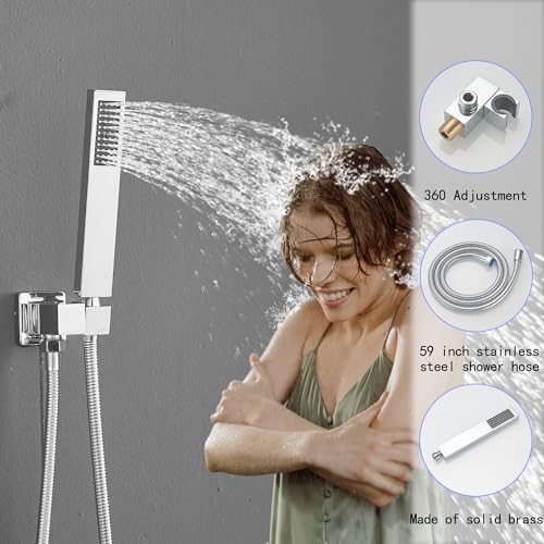 Image of Chrome Shower System, 8 Inch High Pressure Rain Shower with Handheld, Wall Mount Shower Faucet Set for Bathroom, Rough-in Valve Body and Trim Included