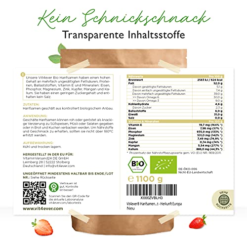 Bio Hanfsamen geschält, 1100 g – Proteinquelle mit Omega-3 Fettsäuren
