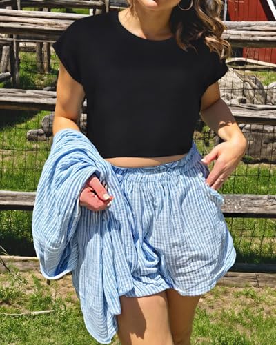Image of Womens Crop Tops Summer Roll Cap Sleeve Cropped Tshirt Loose Fit Basic Tees