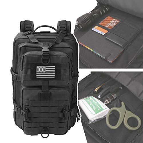 Image of Hannibal Tactical MOLLE Assault Backpack, Tactical Backpack Military Army Camping Rucksack, 3-Day Pack, D-Rings, Black with Gray Patch