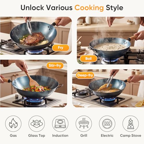 NEWBULIG 13.5" Carbon Steel Wok Pan, Pre-Seasoned Flat Bottom Wok for Stir Fry, BBQ, Grill & Camping, Compatible with Induction, Electric, Gas and Open Fire, Blue by NEWBULIG - Used condition - Image 5