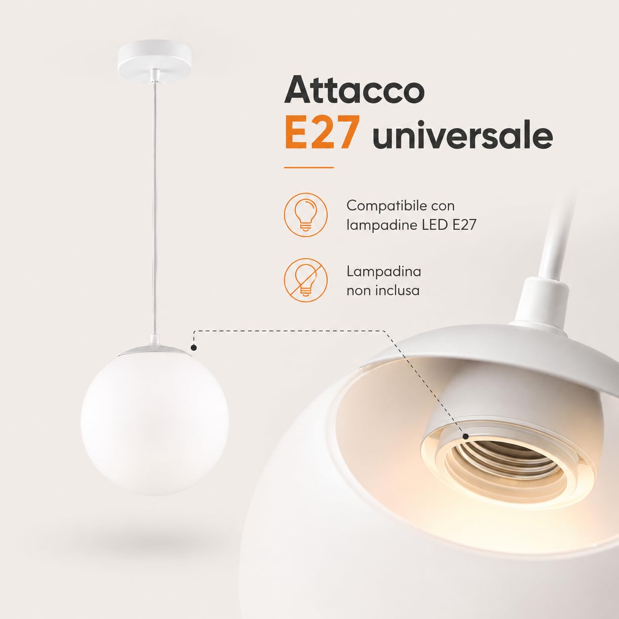 Lampadario a Sospensione Sfera Ø30 cm E27 Moderno Nordic Minimal | Diffusore Opalino in PE | Design Elegante per Soggiorno Cucina Hotel Ristorante | Bianco