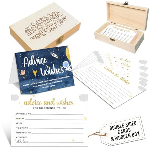 Tarjetas de consejos para baby shower de niño con caja de recuerdos y temática de galaxia