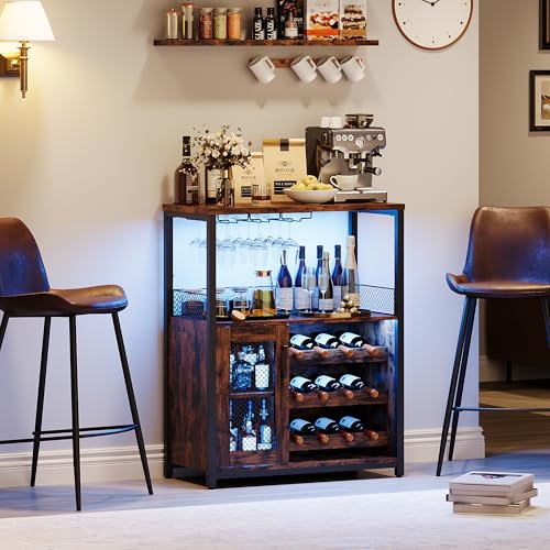 GarveeHome 3-Tier Wine Bar Cabinet with LED Lights & Wine Rack, Liquor Cabinet with Storage, Coffee Bar Cabinet with Glass Holder & Mesh Door, Sideboard Buffet Bar for Living Room, Dining Room, Brown