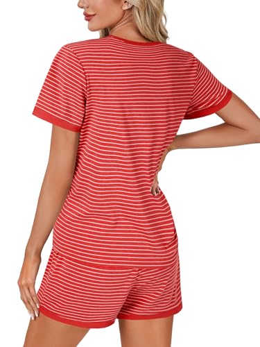 Image of LYANER Pajama Set for Women 2 Piece Lounge Set Striped Crew neck Short Sleeve Tops and Shorts Soft Sleepwear